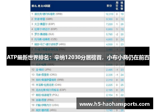 ATP最新世界排名：辛纳12030分居榜首，小布小商仍在前百